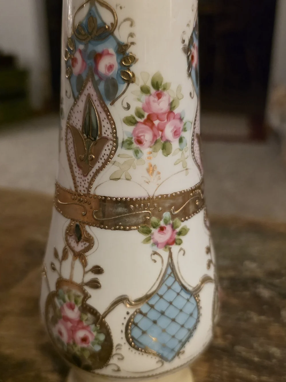 Vintage Decorative Porcelain Vase with Pink Floral and Gold Accents